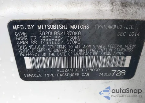 2015 Mitsubishi Mirage Es из США, поврежденный, VIN ML32A4HJ2FH038000